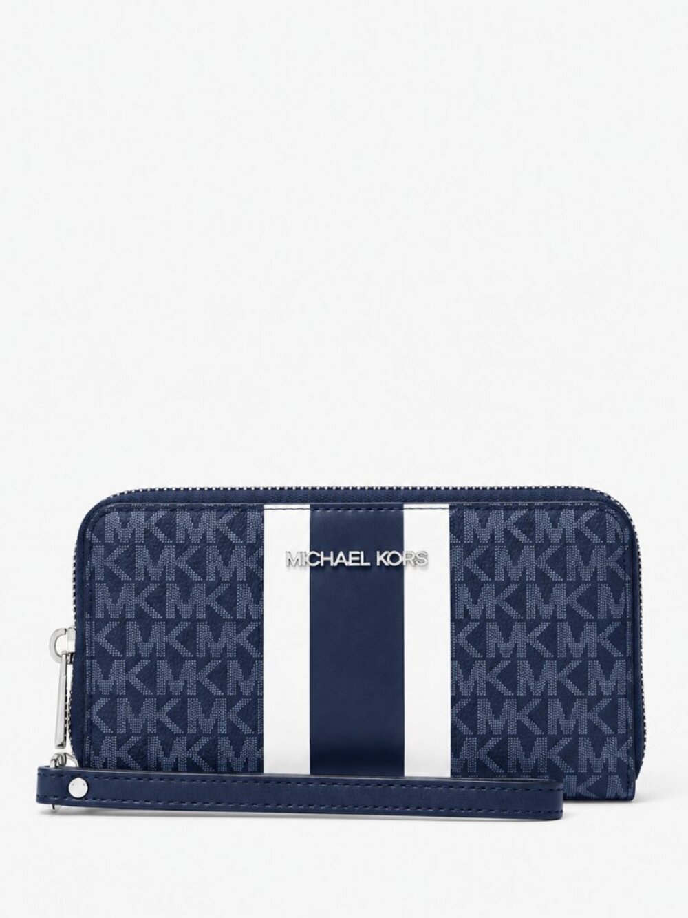 New Michael Kors Jet Set Metallic Signature Logo Stripe Smartphone Wallet Navy